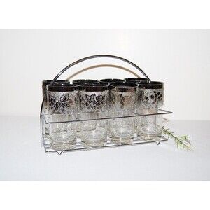Vintage Glasses Eight Silver Etched with Carrier